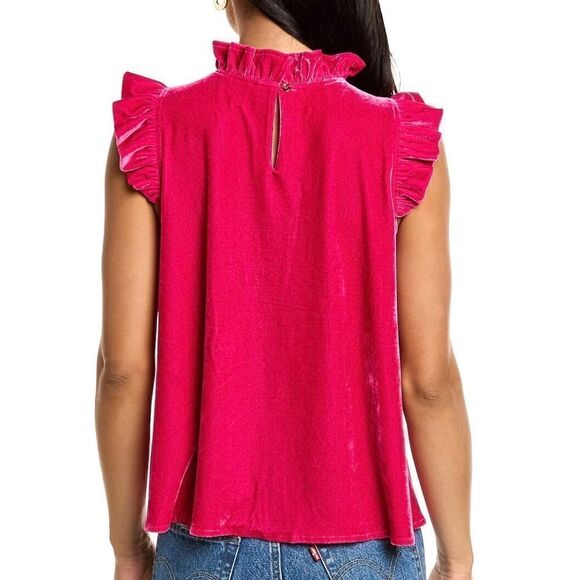 $159 NWT Duffield Lane Linda Hot Pink Velvet Ruffle Top Blouse Shirt Size SMALL - Picture 2 of 5
